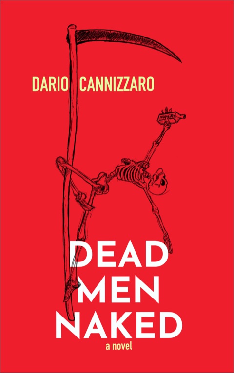 Cover of Dead Men Naked: a skeleton carrying a scythe, drawn in line on a red ground.