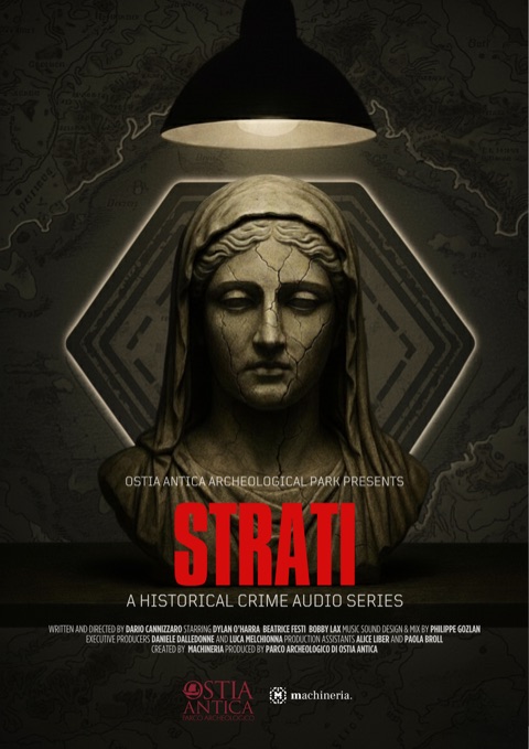 Poster for Strati: a cracked Roman marble bust lit by a single hanging lamp, the title in red beneath it.
