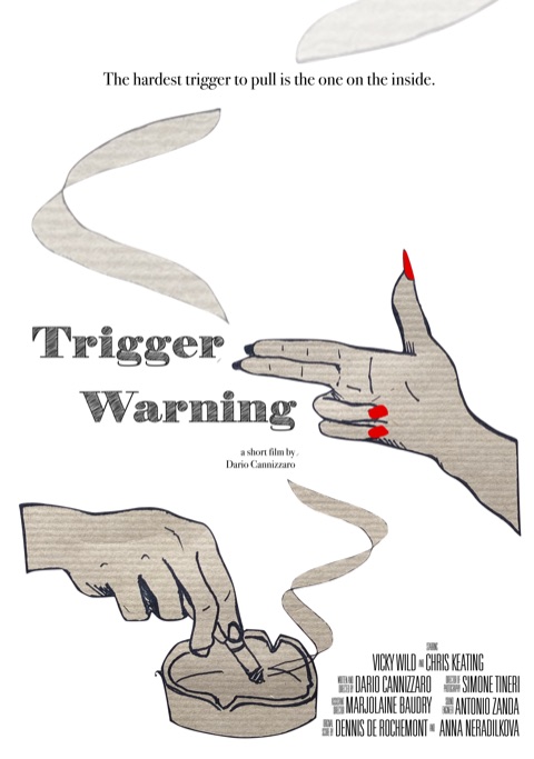 Poster for Trigger Warning: two cut-paper hands, one shaped into a gun with red-painted nails, above the tagline "The hardest trigger to pull is the one on the inside."